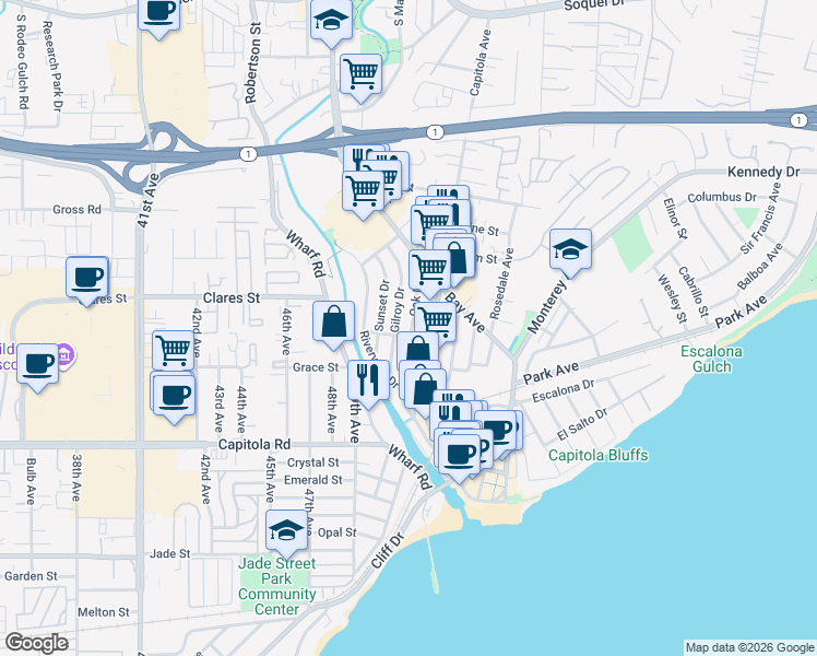 map of restaurants, bars, coffee shops, grocery stores, and more near 616 Gilroy Drive in Capitola