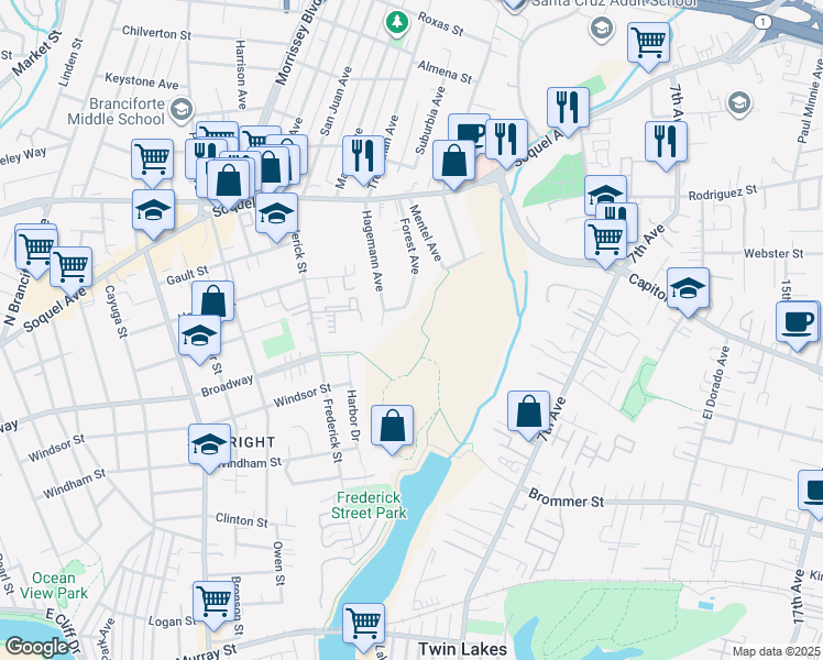 map of restaurants, bars, coffee shops, grocery stores, and more near 118 Forest Avenue in Santa Cruz