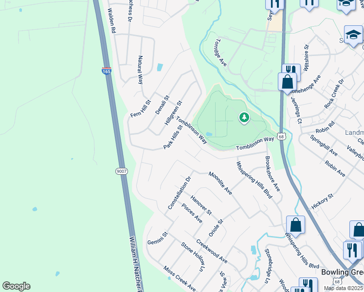 map of restaurants, bars, coffee shops, grocery stores, and more near Park Hills St in Bowling Green