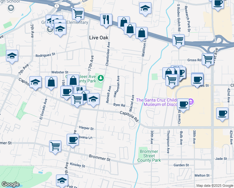 map of restaurants, bars, coffee shops, grocery stores, and more near 1860 Halterman Avenue in Santa Cruz