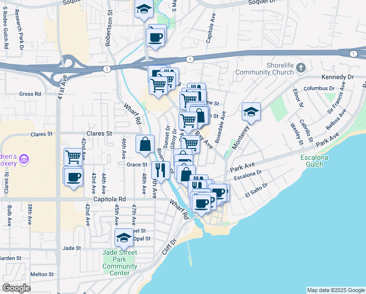 map of restaurants, bars, coffee shops, grocery stores, and more near 616 Gilroy Drive in Capitola