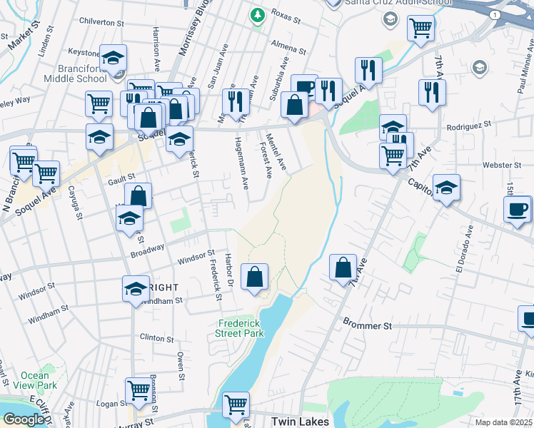 map of restaurants, bars, coffee shops, grocery stores, and more near 105 Mentel Avenue in Santa Cruz