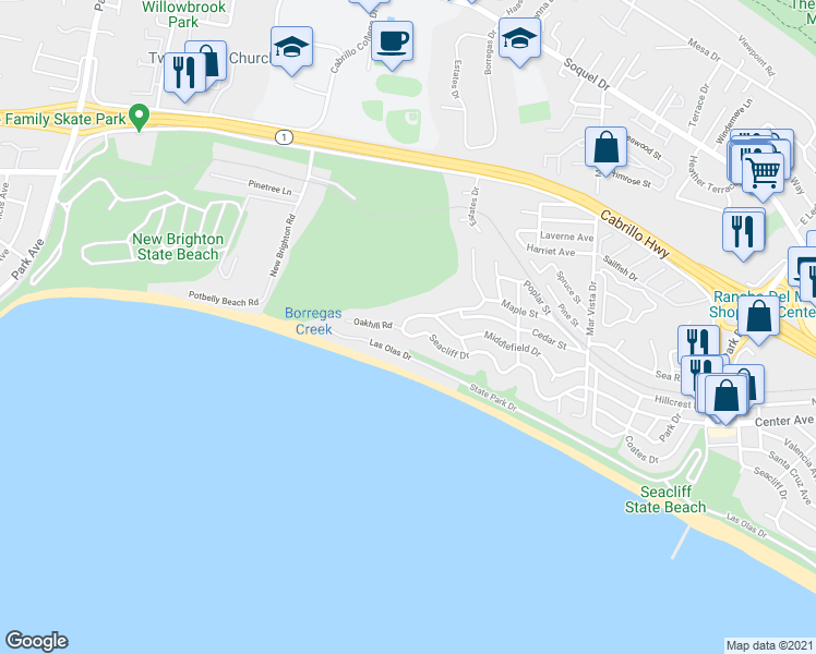 map of restaurants, bars, coffee shops, grocery stores, and more near 734 Seacliff Drive in Aptos