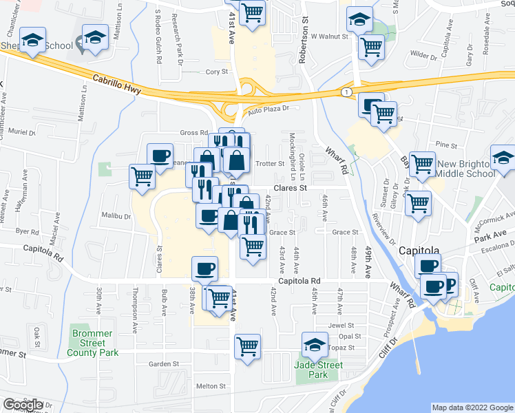 map of restaurants, bars, coffee shops, grocery stores, and more near 4160 Clares Street in Capitola