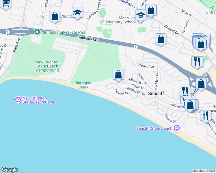 map of restaurants, bars, coffee shops, grocery stores, and more near 734 Seacliff Drive in Aptos