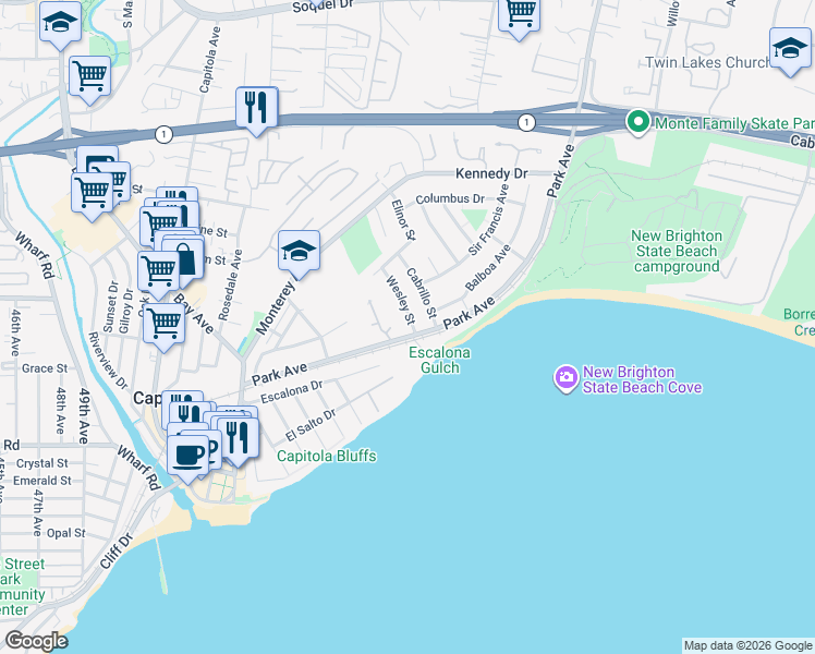 map of restaurants, bars, coffee shops, grocery stores, and more near 117 Wesley Street in Capitola