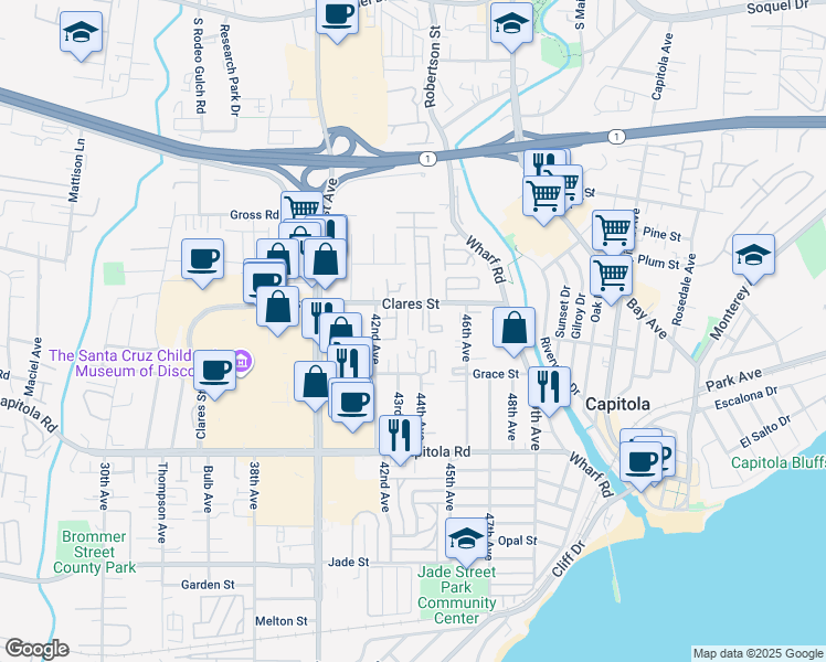 map of restaurants, bars, coffee shops, grocery stores, and more near 4320 Clares Street in Capitola