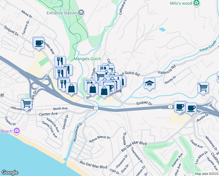 map of restaurants, bars, coffee shops, grocery stores, and more near 154 Aptos Village Way in Aptos