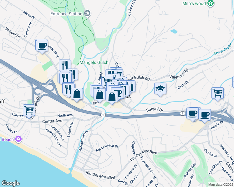 map of restaurants, bars, coffee shops, grocery stores, and more near 8041 Soquel Drive in Aptos