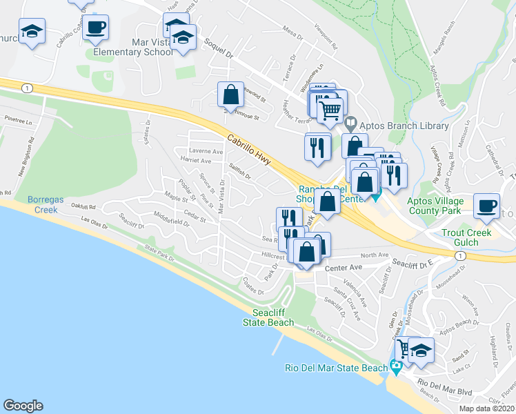 map of restaurants, bars, coffee shops, grocery stores, and more near 435 Sailfish Drive in Aptos