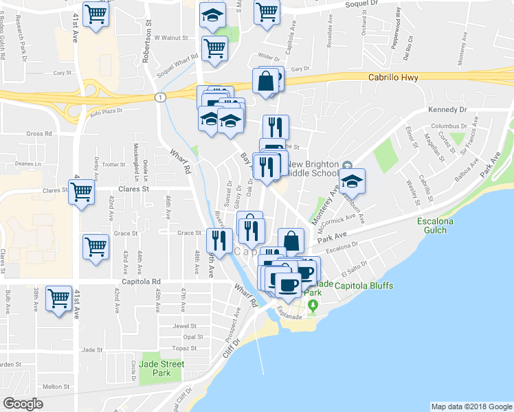 map of restaurants, bars, coffee shops, grocery stores, and more near 620 Capitola Avenue in Capitola