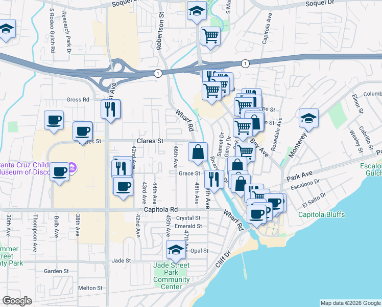 map of restaurants, bars, coffee shops, grocery stores, and more near in Capitola