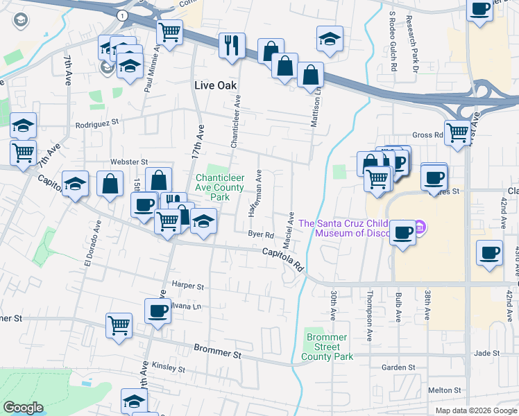 map of restaurants, bars, coffee shops, grocery stores, and more near 2272 Woolpert Way in Santa Cruz