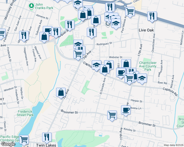 map of restaurants, bars, coffee shops, grocery stores, and more near 1641 Schooner Court in Santa Cruz