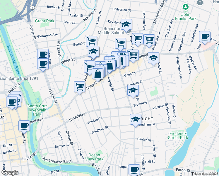 map of restaurants, bars, coffee shops, grocery stores, and more near 1024 Cayuga Street in Santa Cruz