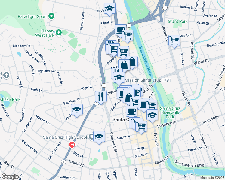 map of restaurants, bars, coffee shops, grocery stores, and more near 121 Sylvar Street in Santa Cruz