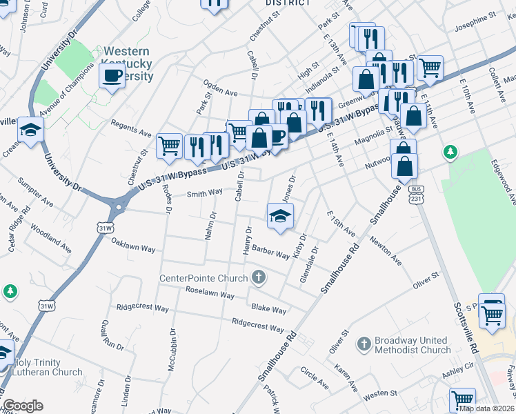 map of restaurants, bars, coffee shops, grocery stores, and more near 915 Avery Drive in Bowling Green