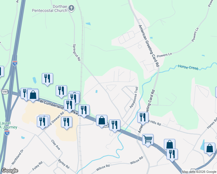 map of restaurants, bars, coffee shops, grocery stores, and more near 156 Whitney Court in Corbin