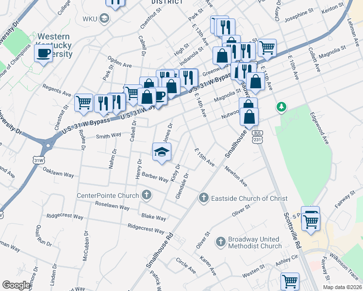map of restaurants, bars, coffee shops, grocery stores, and more near 1501-1599 Nutwood St in Bowling Green