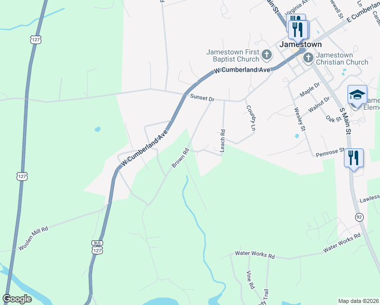 map of restaurants, bars, coffee shops, grocery stores, and more near 275-299 Brown Road in Jamestown