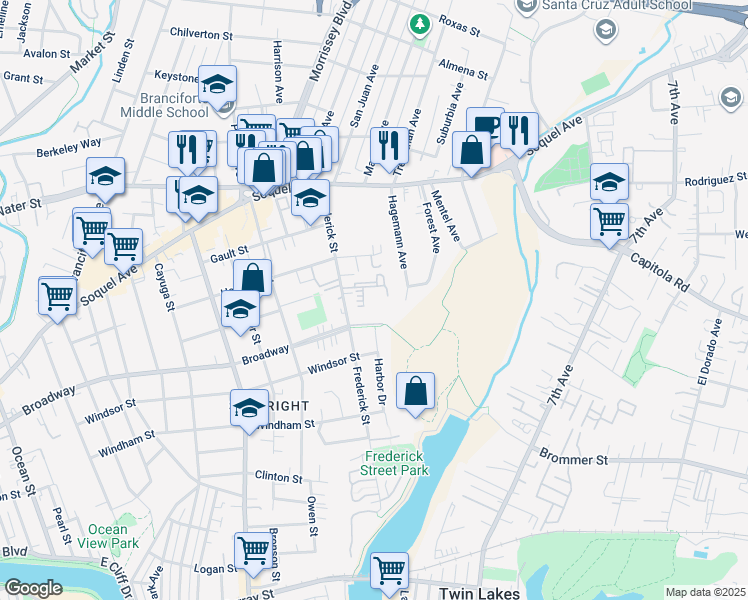 map of restaurants, bars, coffee shops, grocery stores, and more near 440 Frederick Street in Santa Cruz