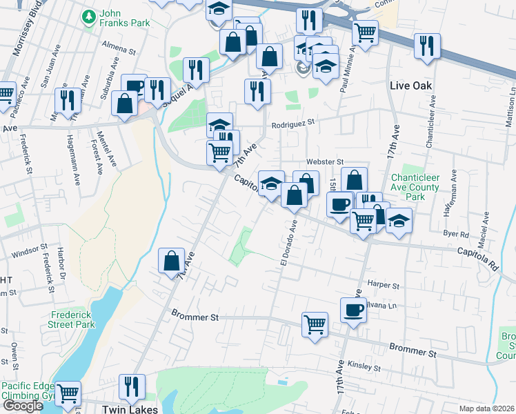 map of restaurants, bars, coffee shops, grocery stores, and more near 1641 Schooner Court in Santa Cruz
