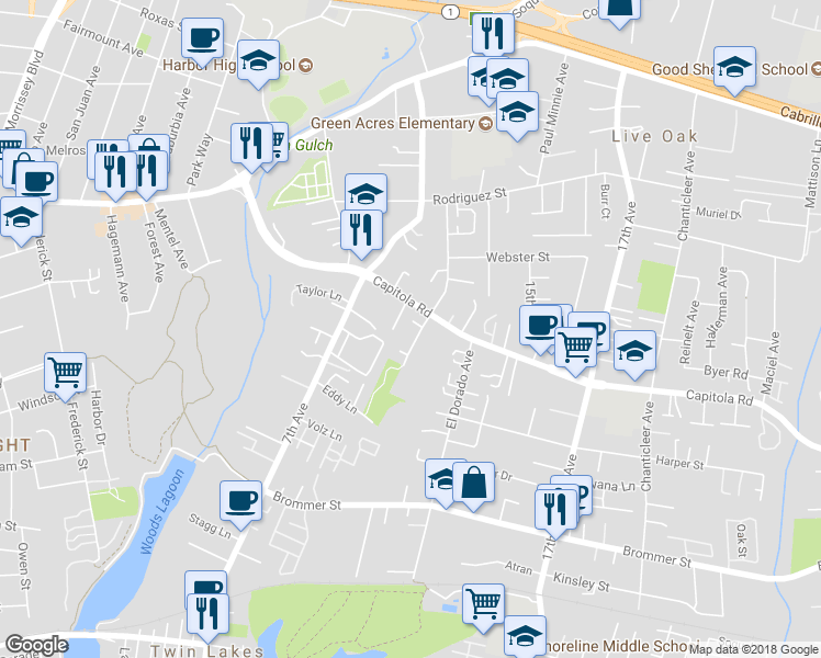 map of restaurants, bars, coffee shops, grocery stores, and more near 930 Mariana Court in Santa Cruz