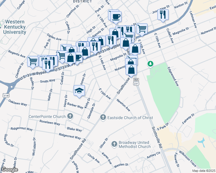 map of restaurants, bars, coffee shops, grocery stores, and more near 1411 Neal Street in Bowling Green