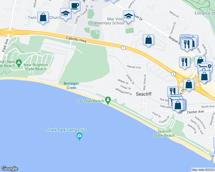 map of restaurants, bars, coffee shops, grocery stores, and more near 632 Middlefield Drive in Aptos