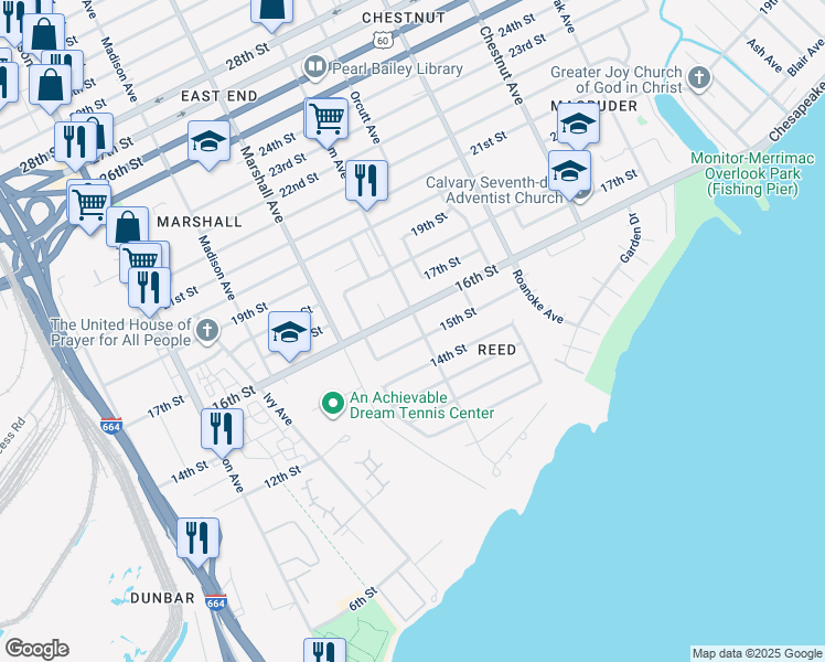 map of restaurants, bars, coffee shops, grocery stores, and more near 1505 Wickham Avenue in Newport News