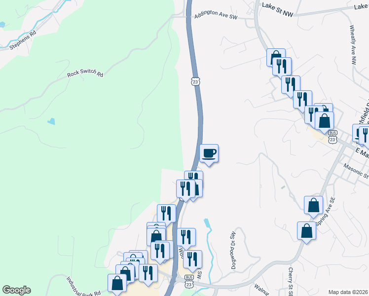 map of restaurants, bars, coffee shops, grocery stores, and more near Orby Cantrell Highway in Wise