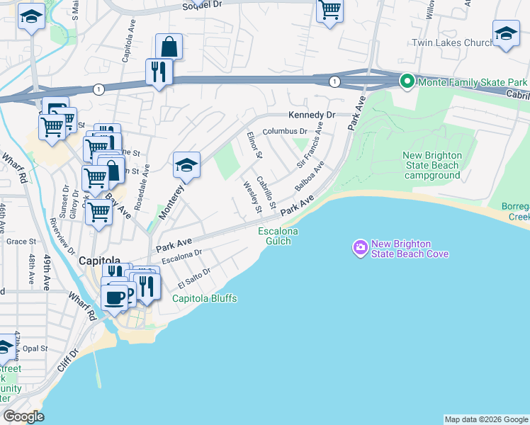 map of restaurants, bars, coffee shops, grocery stores, and more near 106 Wesley Street in Capitola