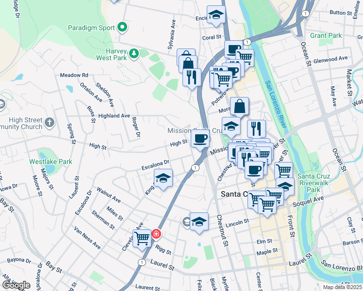 map of restaurants, bars, coffee shops, grocery stores, and more near 317 High Street in Santa Cruz
