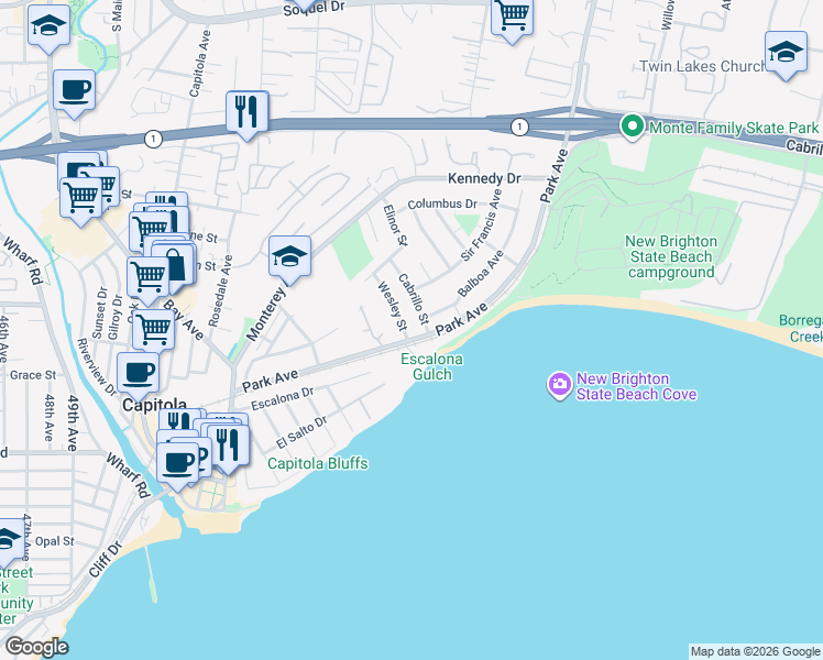 map of restaurants, bars, coffee shops, grocery stores, and more near 106 Wesley Street in Capitola