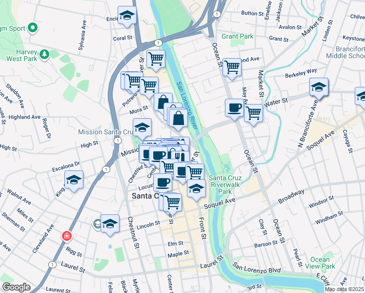 map of restaurants, bars, coffee shops, grocery stores, and more near 120 Bulkhead Street in Santa Cruz