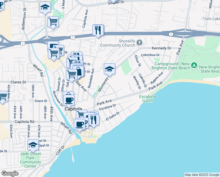 map of restaurants, bars, coffee shops, grocery stores, and more near 211 Washburn Avenue in Capitola