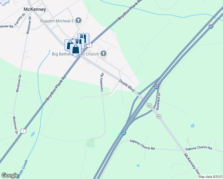 map of restaurants, bars, coffee shops, grocery stores, and more near 21418 Green Acres Lane in McKenney