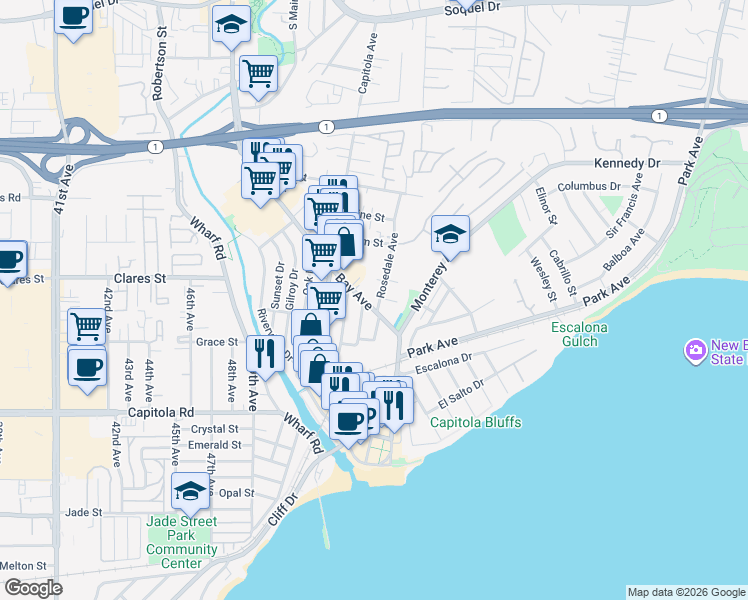 map of restaurants, bars, coffee shops, grocery stores, and more near 415 Rosedale Court in Capitola