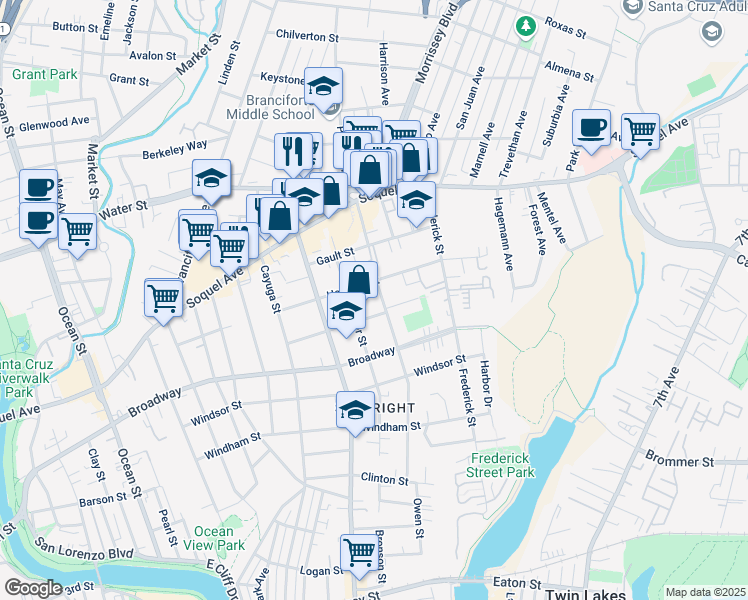 map of restaurants, bars, coffee shops, grocery stores, and more near 726 Hanover Street in Santa Cruz