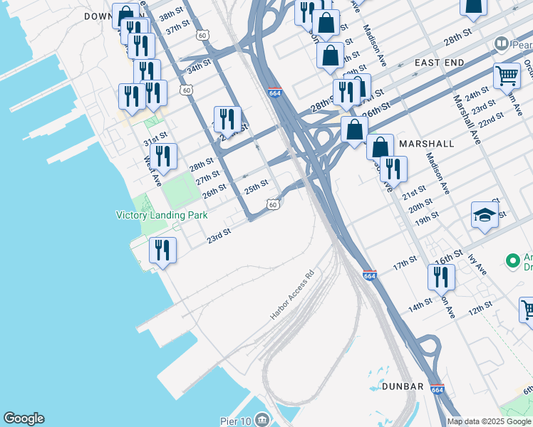 map of restaurants, bars, coffee shops, grocery stores, and more near Martin L. King. Jr.Way in Newport News
