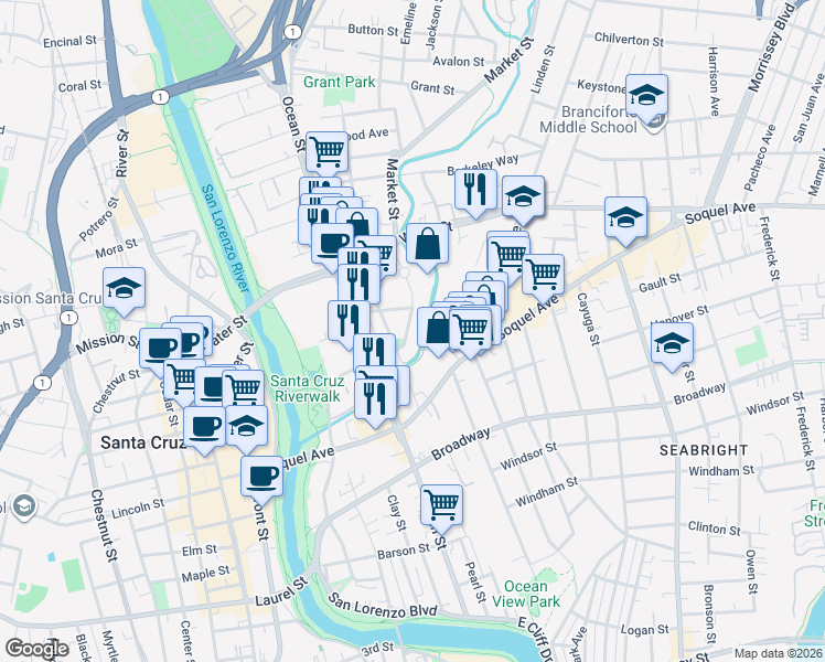 map of restaurants, bars, coffee shops, grocery stores, and more near 218 Leonard Street in Santa Cruz