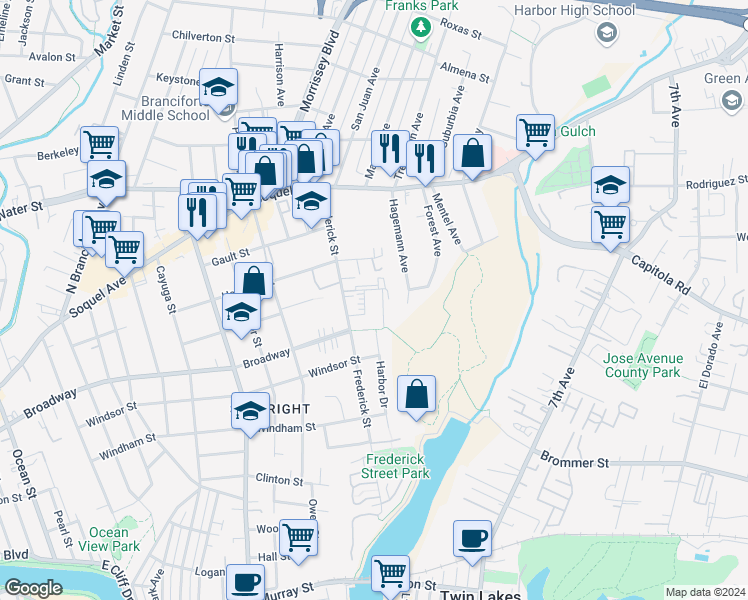 map of restaurants, bars, coffee shops, grocery stores, and more near 440 Frederick Street in Santa Cruz