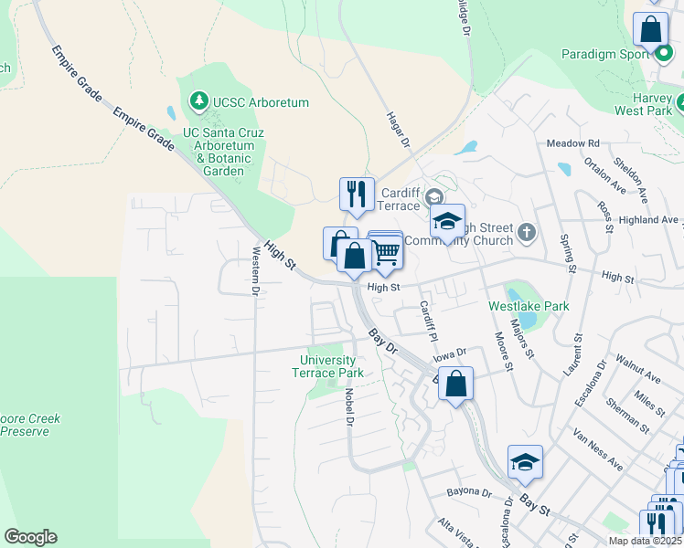 map of restaurants, bars, coffee shops, grocery stores, and more near 1156 High Street in Santa Cruz