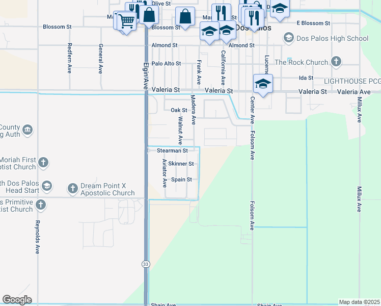map of restaurants, bars, coffee shops, grocery stores, and more near 2101 Coughlin Court in Dos Palos
