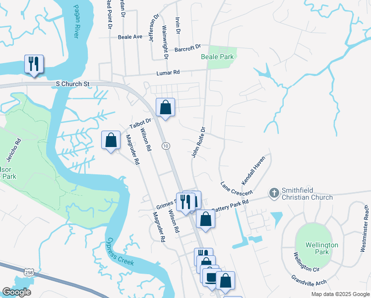 map of restaurants, bars, coffee shops, grocery stores, and more near 916 Pocahontas Court in Smithfield
