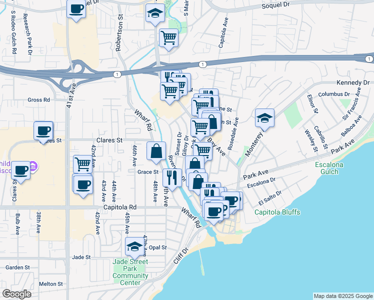 map of restaurants, bars, coffee shops, grocery stores, and more near 610 Gilroy Drive in Capitola