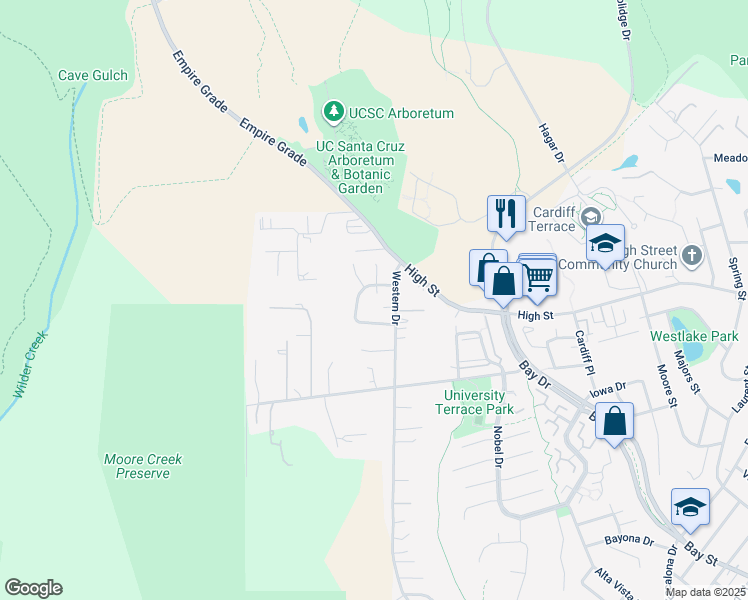map of restaurants, bars, coffee shops, grocery stores, and more near 210 Moore Creek Road in Santa Cruz
