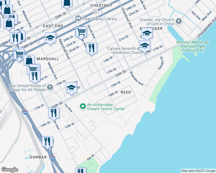 map of restaurants, bars, coffee shops, grocery stores, and more near 1500 Wickham Avenue in Newport News