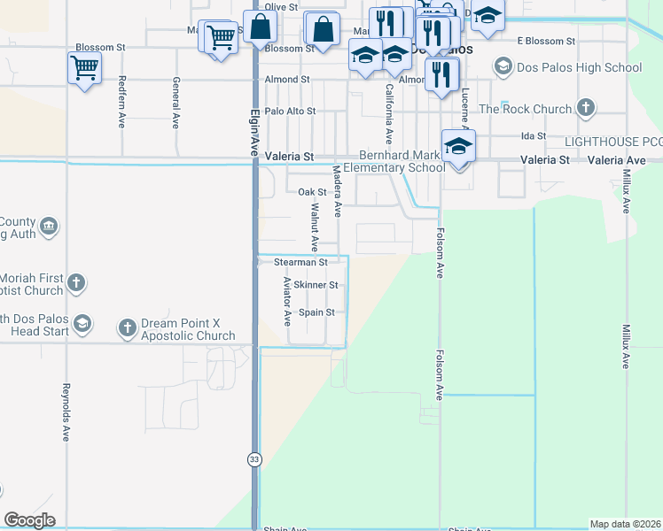 map of restaurants, bars, coffee shops, grocery stores, and more near 2192 Stearman Street in Dos Palos