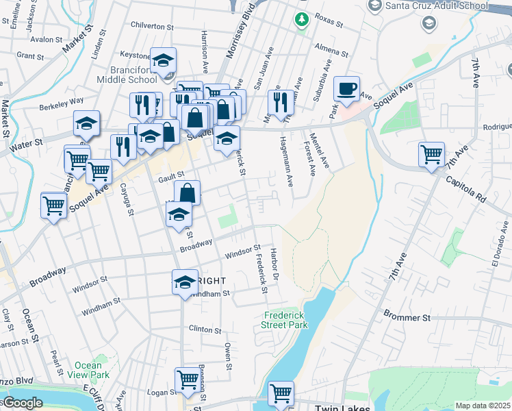 map of restaurants, bars, coffee shops, grocery stores, and more near 516 Frederick Street in Santa Cruz